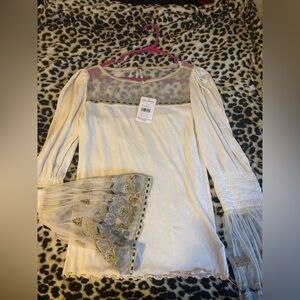 Free People Cream and Gray Blouse with Embroidered Sleeves